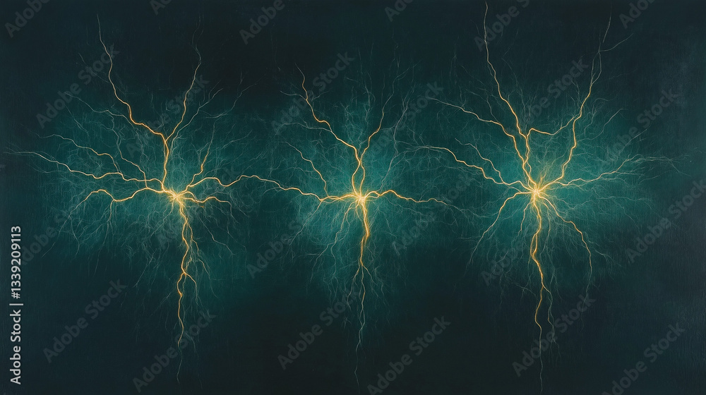 Obraz premium Electrical Symphony: An abstract visual symphony of interconnected electrical discharges, with vibrant streaks of golden light dancing against a deep teal backdrop. Evoking energy, connection.