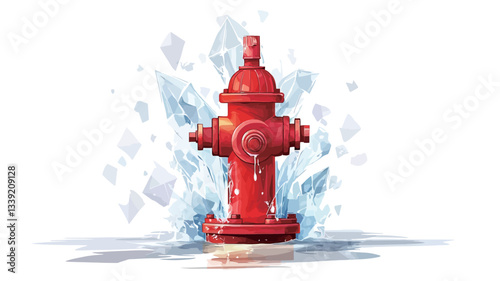 A digital illustration of a red fire hydrant seemingly frozen in a burst of ice shards. The hydrant is depicted in a cartoonish style with smooth surfaces and clean lines.  The ice is rendered with