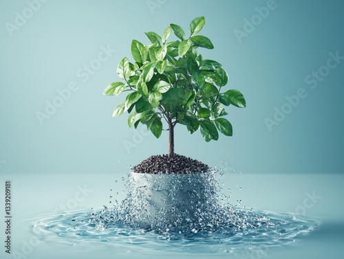 A small tree with green leaves is emerging from a pot, surrounded by splashes of water against a soft blue background.