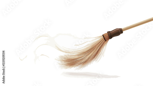 Close-up image of a straw broom with a wooden handle in motion against a pure white background. The broom is depicted mid-flight, with blurred straw bristles suggesting speed and movement.  The