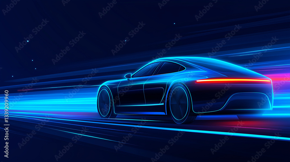 Fototapeta premium Illuminated Speed: A sleek, futuristic car races through a neon-lit night, trails of light painting a dynamic scene of speed and innovation.
