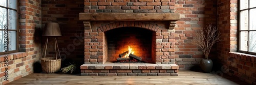 Rustic brick fireplace in loft interior, aged textures , rustic, retro