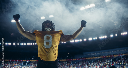 Quadro em tela Young Athletic American Football Player Standing in Uniform in the Middle of the Field, Celebrating a Triumphant Championship Winning Game