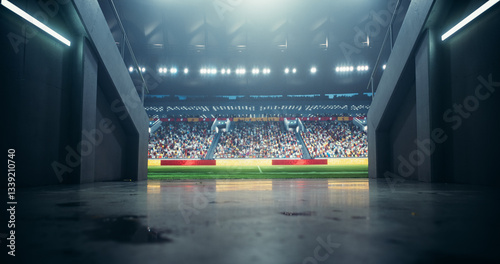 Photo Through a Tunnel Entrance to a Big Outdoors Stadium with Crowd Cheering and Awaiting for Favourite Teams to Walk Out And Play An Exciting Game. Stadium Filled with Energetic Sports Fans