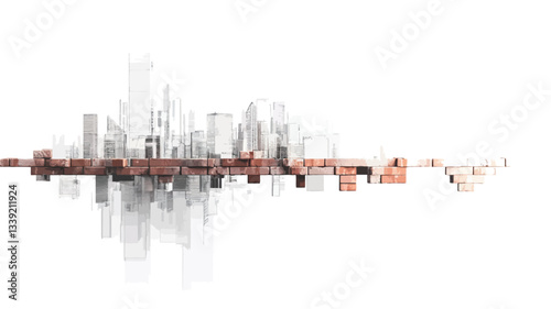 The image presents an abstract horizontal composition depicting a cityscape skyline.  The skyline is rendered in varying shades of gray and muted orange-brown, suggesting buildings and structures