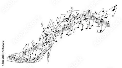 The image is a monochrome vector illustration depicting an abstract high heel shoe formed entirely from musical notes and staves.  The notes are varied in size and orientation, creating a sense of
