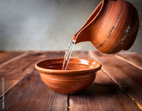 A handmade clay pitcher pouring water into a traditional Spanish terracotta bowl captured mid-motion on rustic wood