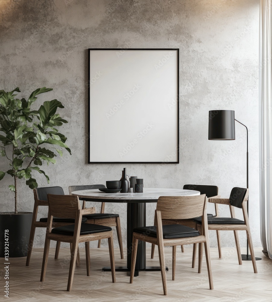 A modern dining room with a table and surrounding chairs A modern dining room with a table and surrounding chairs