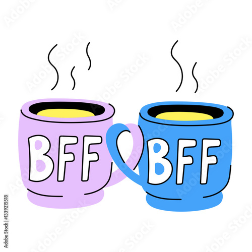 A hand drawn style illustration of bff mugs depicting friends bonding