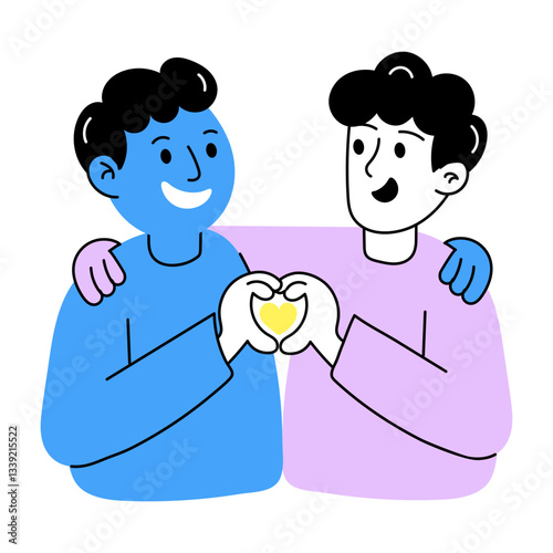 Hand drawn illustration of two characters making heart gesture depicting bff goals