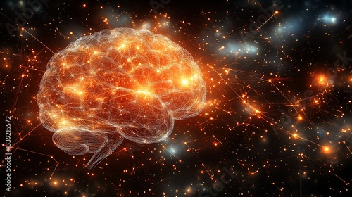 Glowing brain in space, neural network concept.