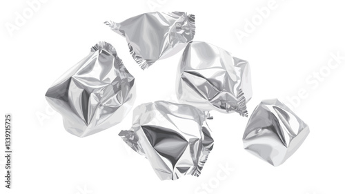 The image shows five pieces of crumpled aluminum foil against a pure white background.  The foil is irregularly shaped and shows deep creases and folds, creating a textured surface with varying