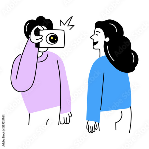 Hand drawn illustration of two friends clicking pictures of each other
