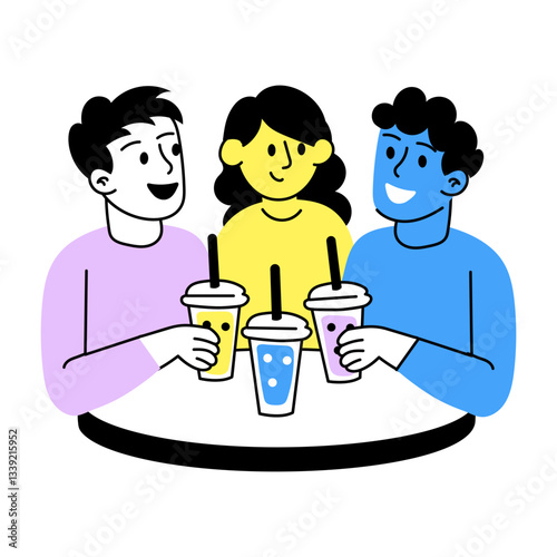 Hand drawn illustration of group of friends drink together