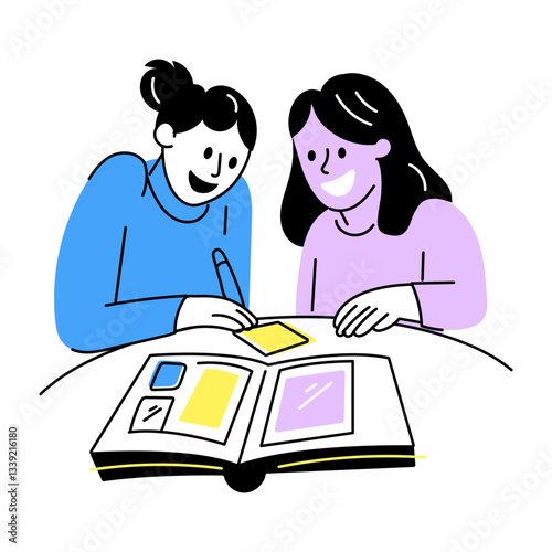 Hand drawn illustration of two girls writing friends scrapbook