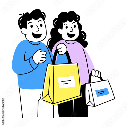 Hand drawn illustration depicting friends shopping together