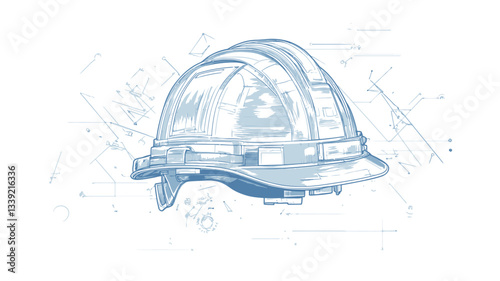 A detailed line drawing of a hard hat, rendered in shades of light blue against a white background. The illustration style resembles a technical blueprint or engineering sketch, with fine lines and