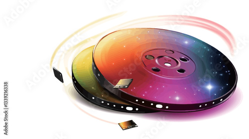 The image shows two circular data discs, seemingly rotating, against a white background.  The discs display a vibrant spectrum of colors, transitioning smoothly from one hue to another.  A motion