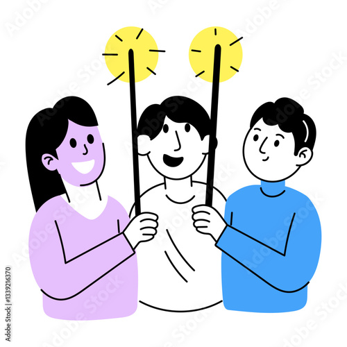 Hand drawn illustration of friends holding sparklers