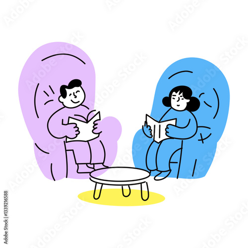 Hand drawn illustration of two characters holding books depicting reading partner