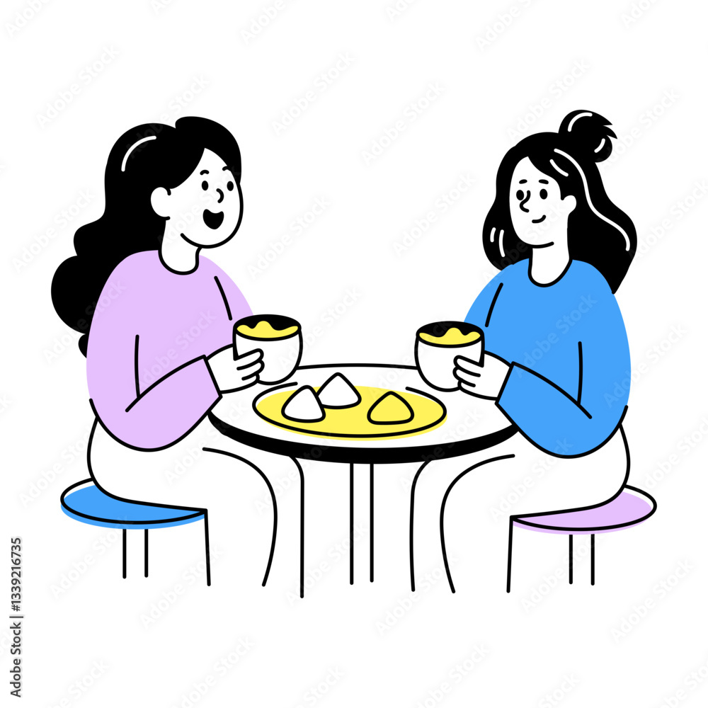 A hand drawn illustration of two friends doing tea gossip A hand drawn illustration of two friends doing tea gossip