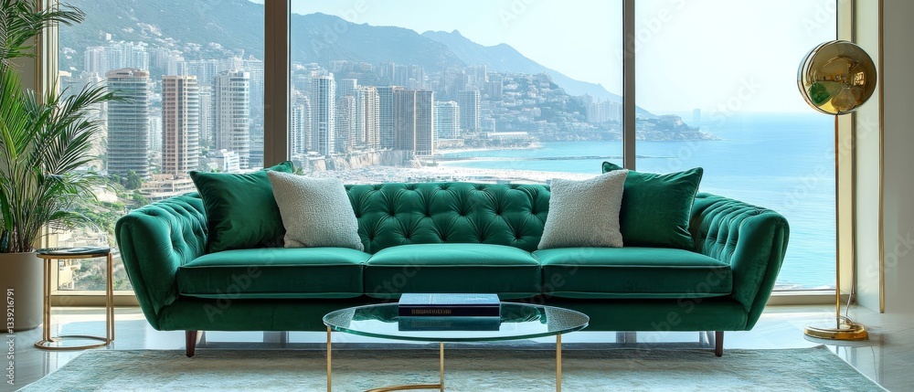 Fototapeta premium Emerald Green Velvet Sofa in Modern Luxury Apartment with Ocean View
