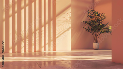 Serene Sunset Light with Tropical Plant in Minimal Interior