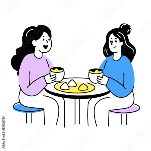 A hand drawn illustration of two friends doing tea gossip