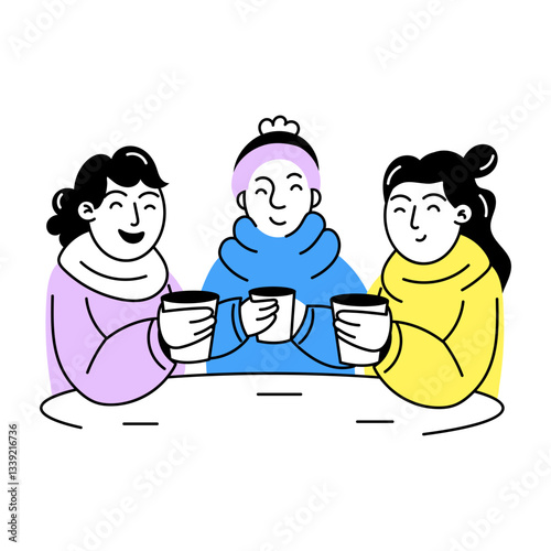 A group of friends enjoying tea party, hand drawn illustration