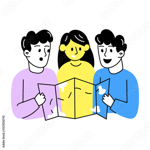 Hand drawn illustration of friends doing treasure hunt adventure