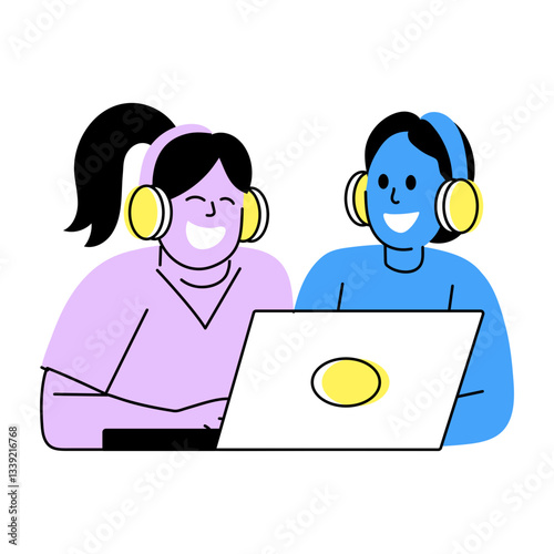 Hand drawn illustration of two friends working together on a laptop