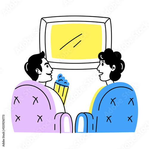 Two friends watching movie together, hand drawn illustration