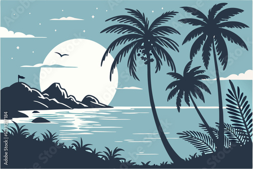 tropical paradise with palm trees swaying in the breeze near calm waters and distant mountains under a full moon