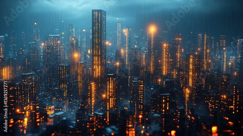 Wallpaper Mural A glowing urban skyline at night with facades made of interwoven light panels  Torontodigital.ca