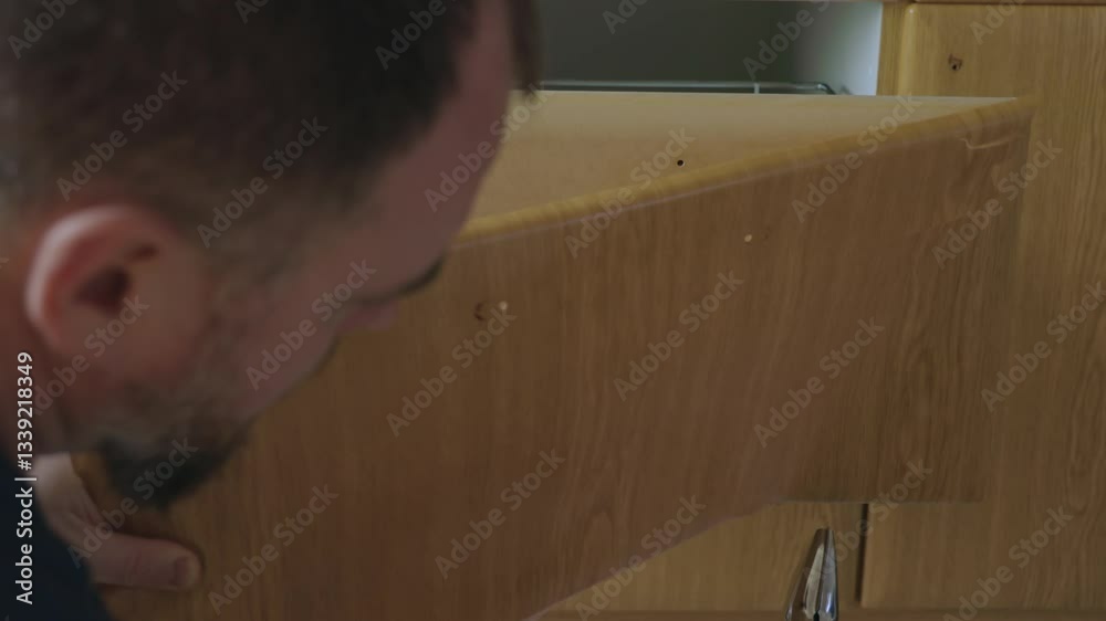 man doing kitchen renovation. carpenter disassembling kitchen before renovation. craftsman skillfully uses hand tools to modernize kitchen. close-up of work in progress