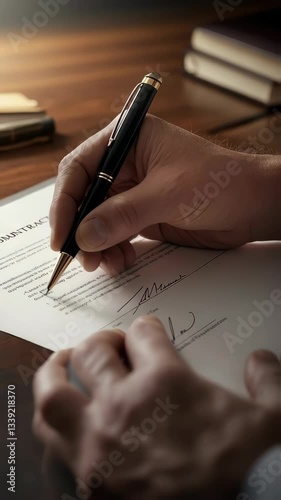 A person is signing a contract on a wooden table, using a sleek pen, with other documents and stationery in the scene.