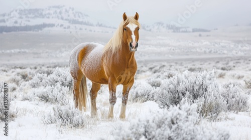 A horse standing in a field covered with a light dusting of snow