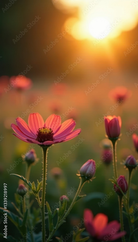 Sweet wildflowers bathed in soft sunset glow, background blurred , image, romantic, soft Sweet wildflowers bathed in soft sunset glow, background blurred , image, romantic, soft