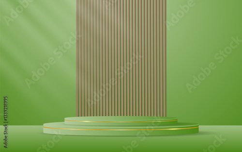 Green  podium with elegant golden lines with brown slatted backdrop for advertisement display. Display of cosmetic products. stage or podium. vector illustration	
