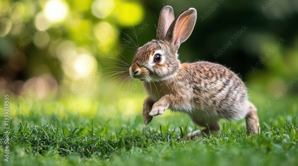 Fototapeta premium A rabbit hopping energetically across a garden lawn