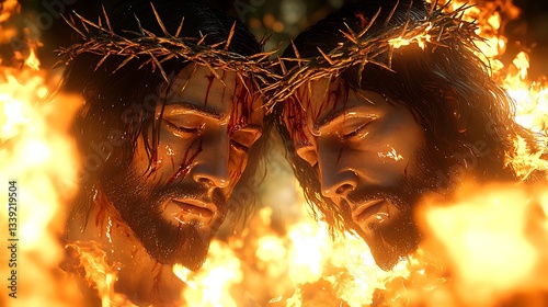 Two Jesus figures with crowns of thorns in fiery flames. Stock photo