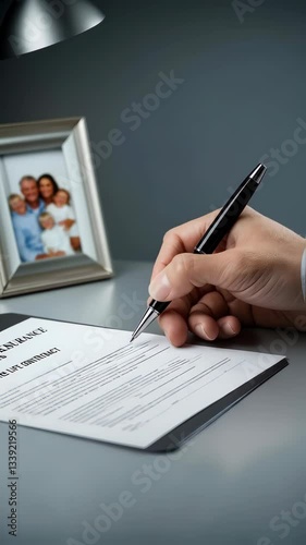 A hand holding a pen is signing a life insurance document, with a family photo frame visible in the background.