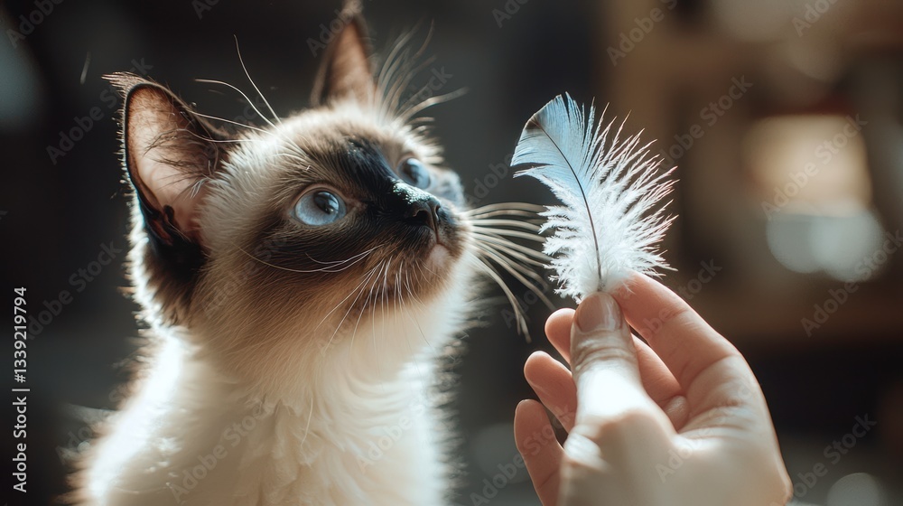 Fototapeta premium A Siamese cat batting at a feather toy held by a human hand