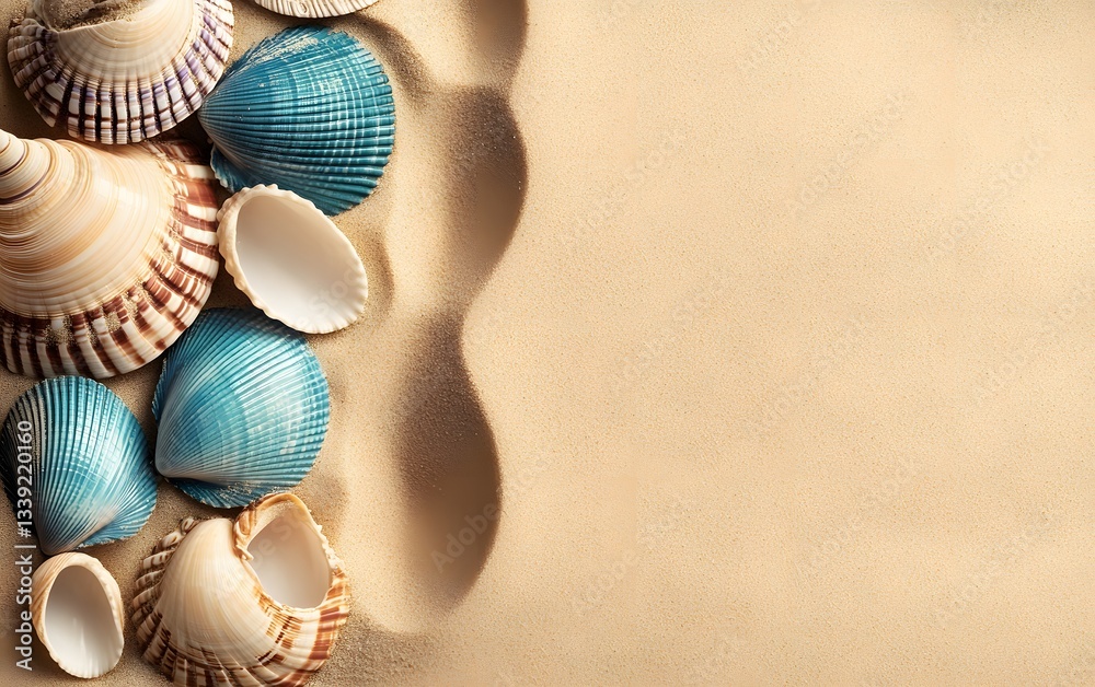 Fototapeta premium Seashells on Sandy Beach Summer Vacation Background