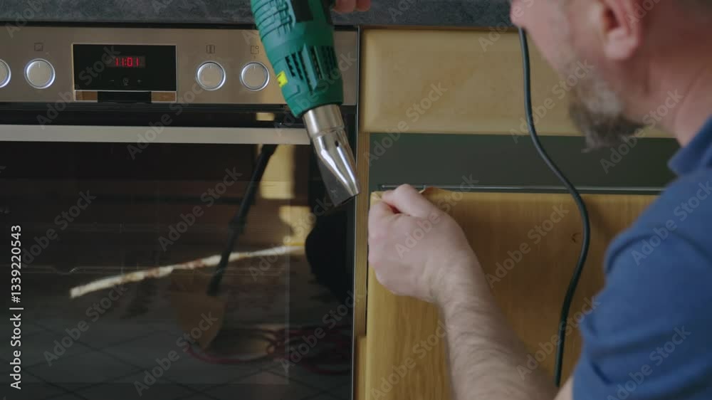 man doing kitchen renovation. carpenter disassembling kitchen before renovation. craftsman skillfully uses hand tools to modernize kitchen. close-up of work in progress