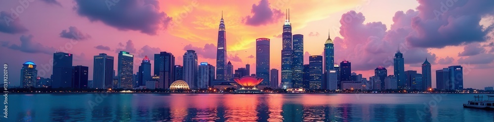 Fototapeta premium Intricate skyline, vibrant buildings, Manila Bay backdrop, buildings, Asia