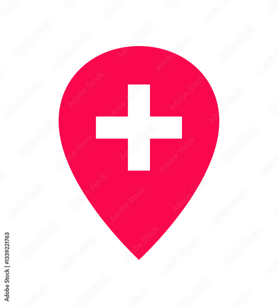 Medical location icon. Hospital location map pointer, medical cross, medical facility location icon with pin symbol. Emergency aid, health care map pointer. Vector Illustration. Medical location icon. Hospital location map pointer, medical cross, medical facility location icon with pin symbol. Emergency aid, health care map pointer. Vector Illustration.