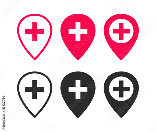 Medical location icon. Hospital location map pointer, medical cross, medical facility location icon with pin symbol. Emergency aid, health care map pointer. Vector Illustration.