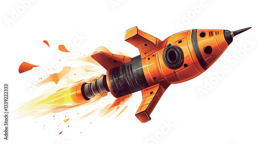 A digital illustration of a stylized orange retro rocket in mid-launch. The rocket is depicted in a cartoonish style with visible details like rivets and segmented body parts. The flames emanating