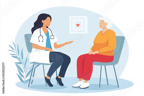 Vector Illustration: Female Doctor Consults Elderly Patient. White Background, Healthcare Concept, Doctor-Patient Relationship, Medical Consultation.